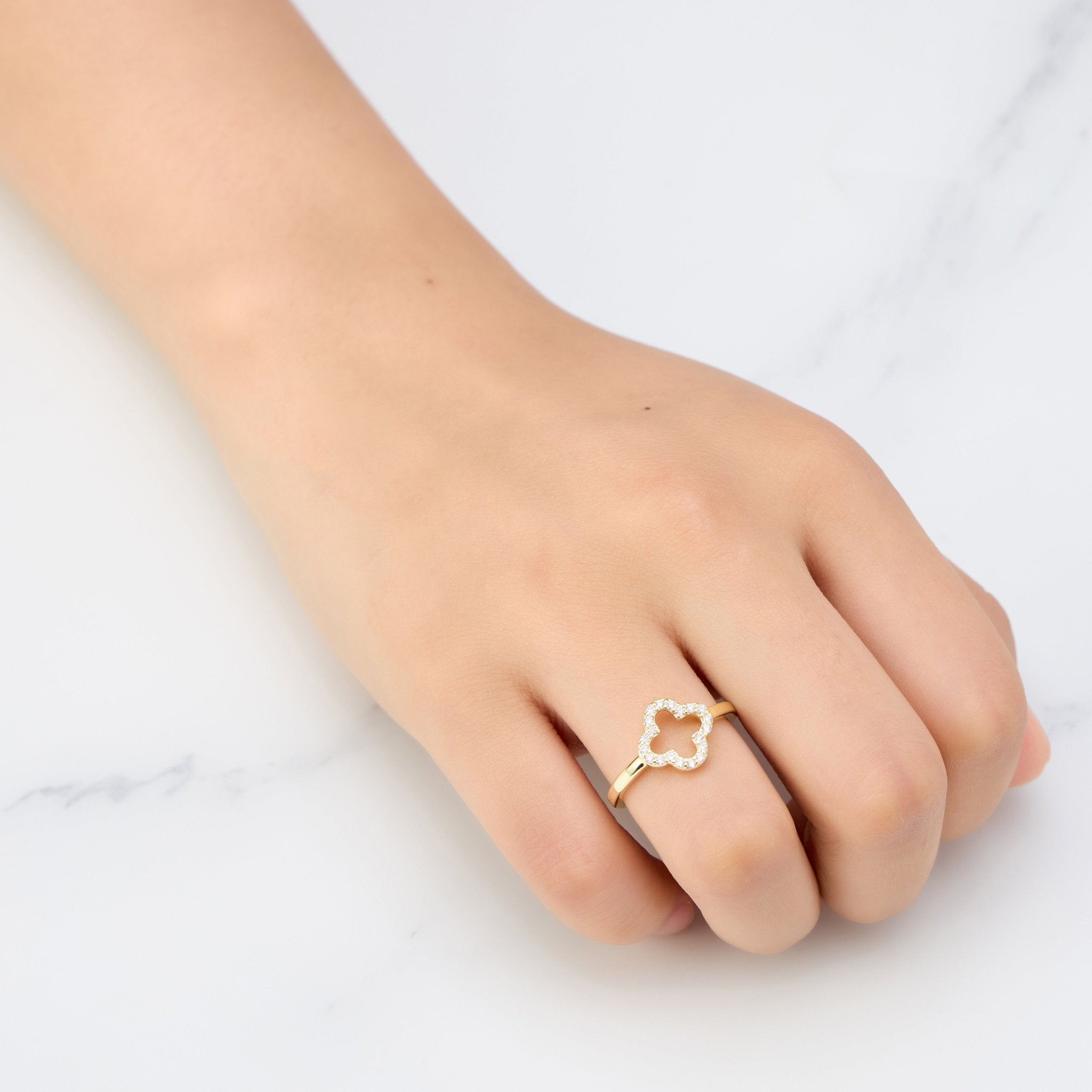 18k Gold Plated Clover Adjustable Ring Created with Zircondia® Crystals