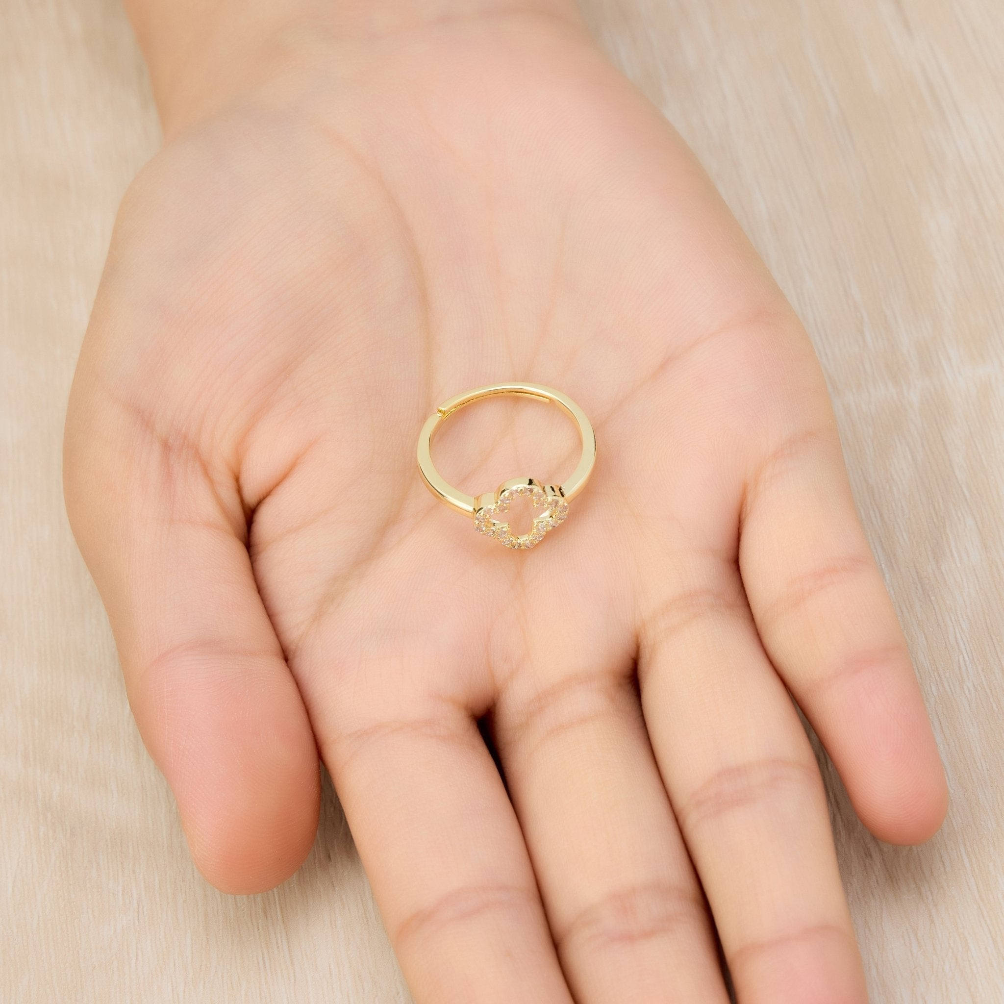 18k Gold Plated Clover Adjustable Ring Created with Zircondia® Crystals