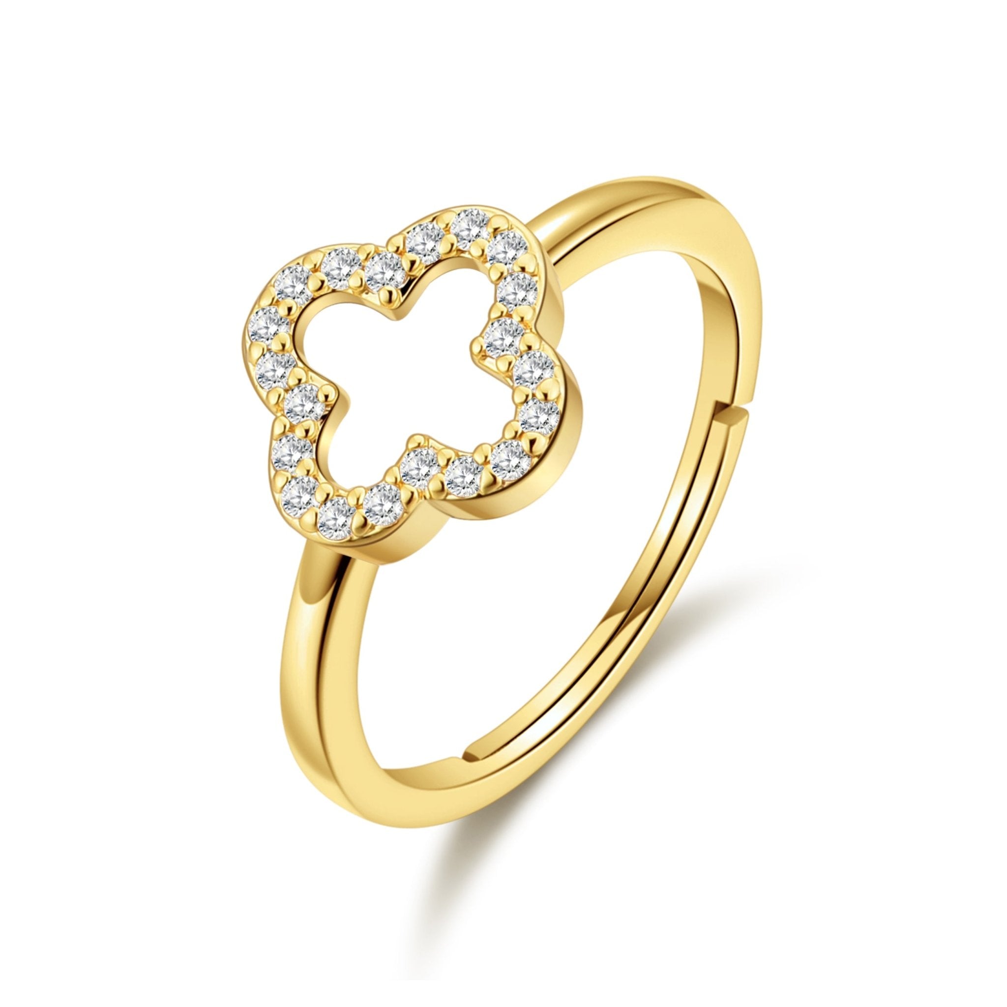 18k Gold Plated Clover Adjustable Ring Created with Zircondia® Crystals