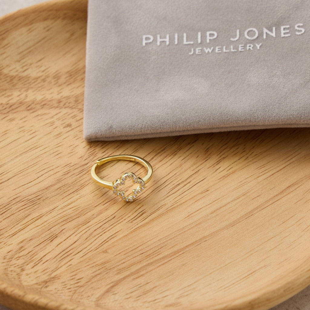 18k Gold Plated Clover Adjustable Ring Created with Zircondia® Crystals
