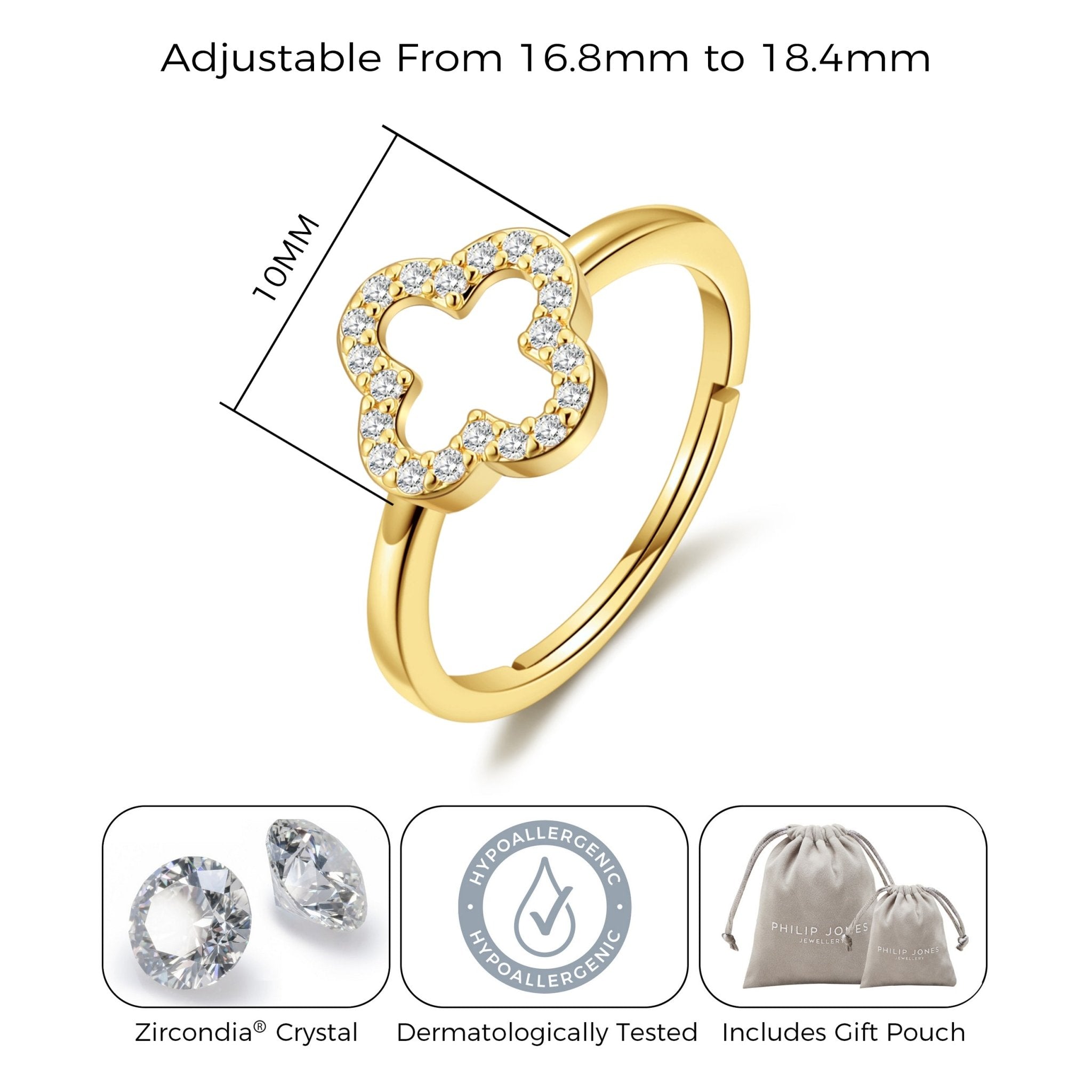 18k Gold Plated Clover Adjustable Ring Created with Zircondia® Crystals
