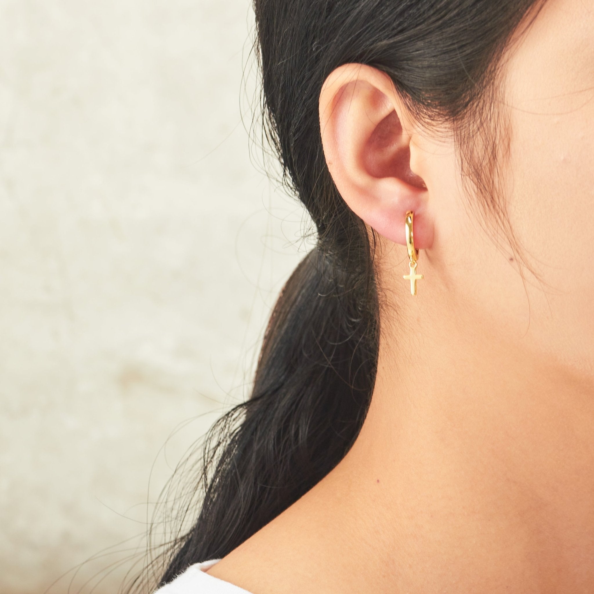 18k Gold Plated Cross Charm Hoop Earrings