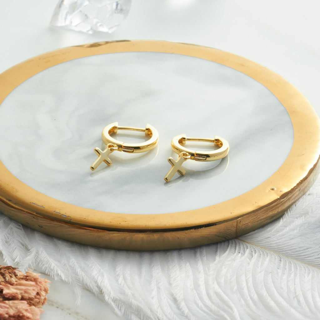 18k Gold Plated Cross Charm Hoop Earrings