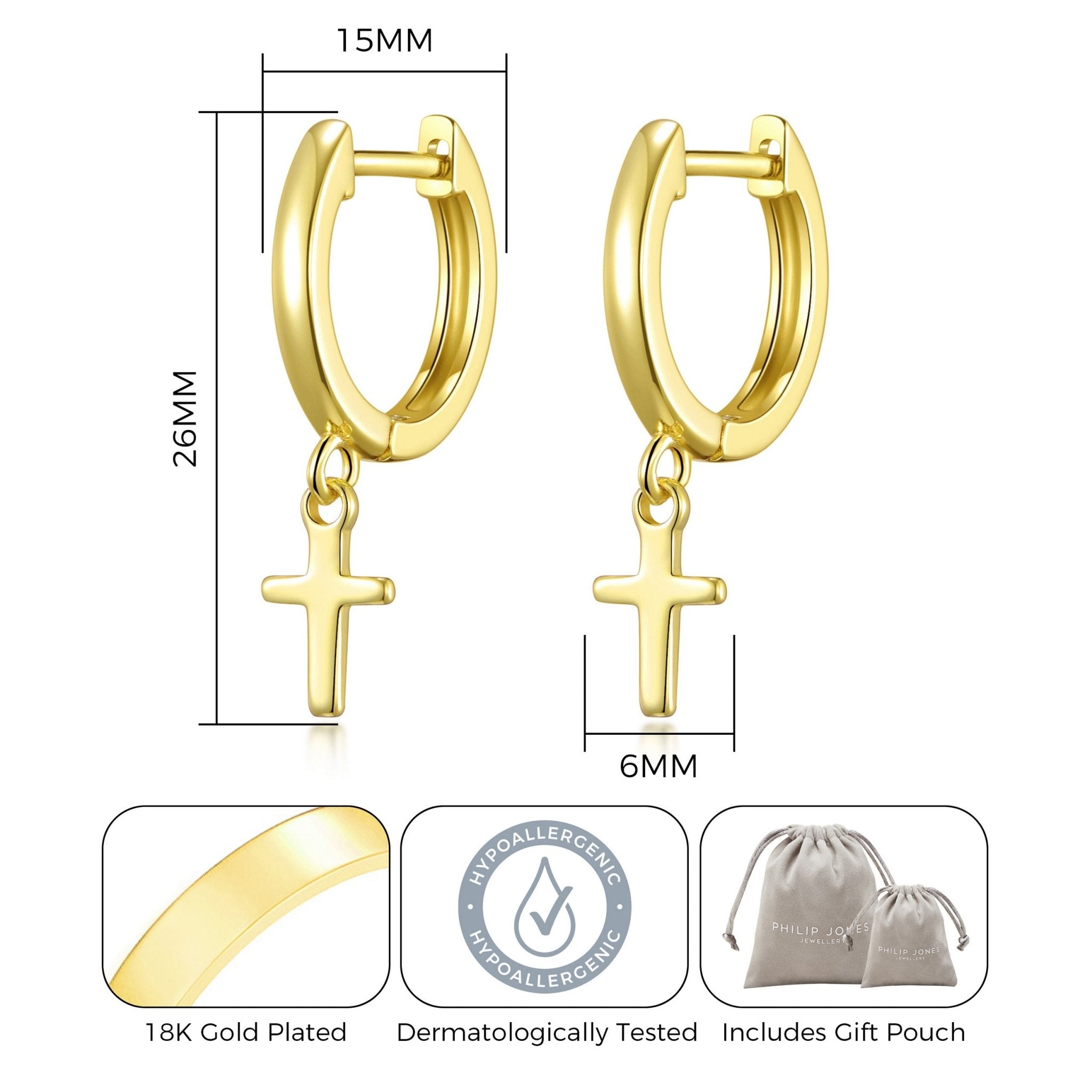 18k Gold Plated Cross Charm Hoop Earrings