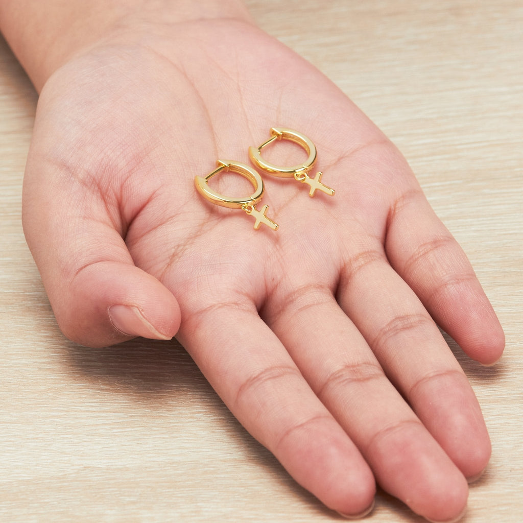 18k Gold Plated Cross Charm Hoop Earrings