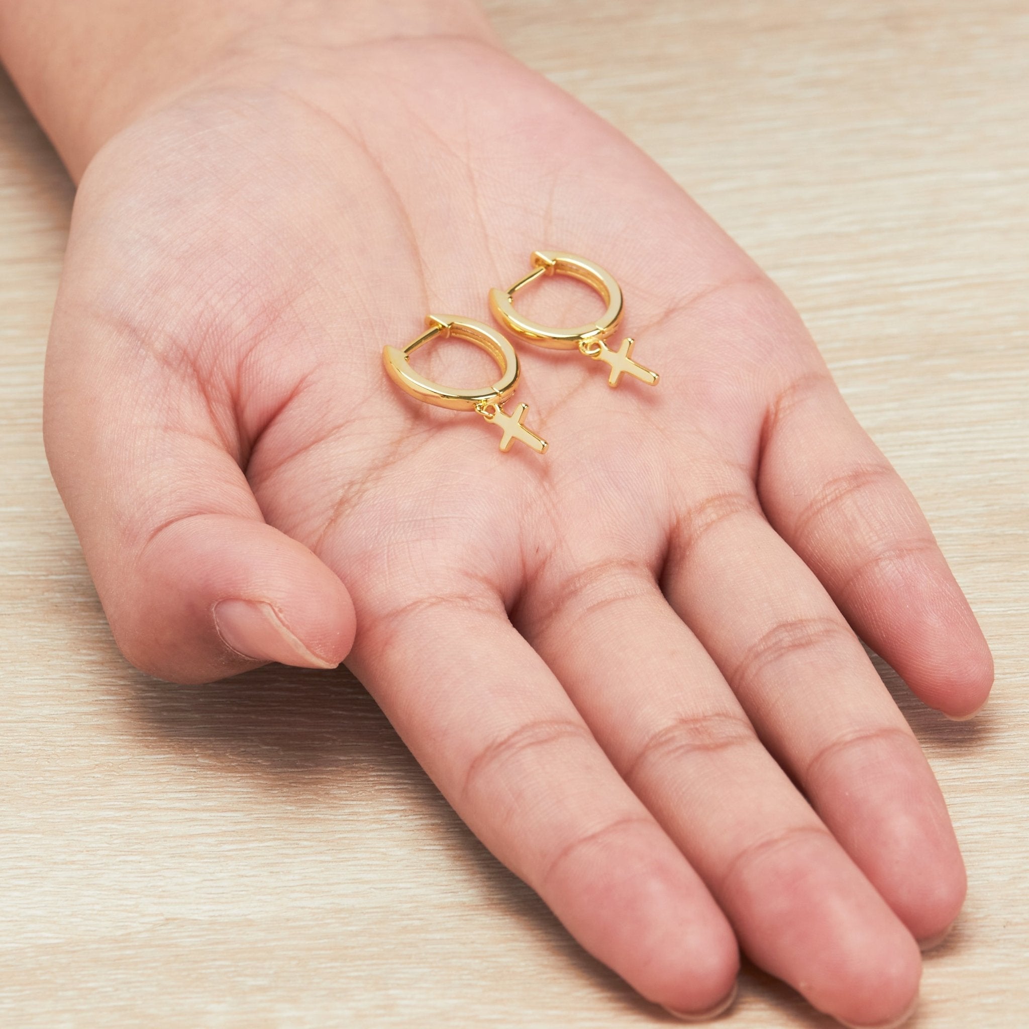 18k Gold Plated Cross Charm Hoop Earrings