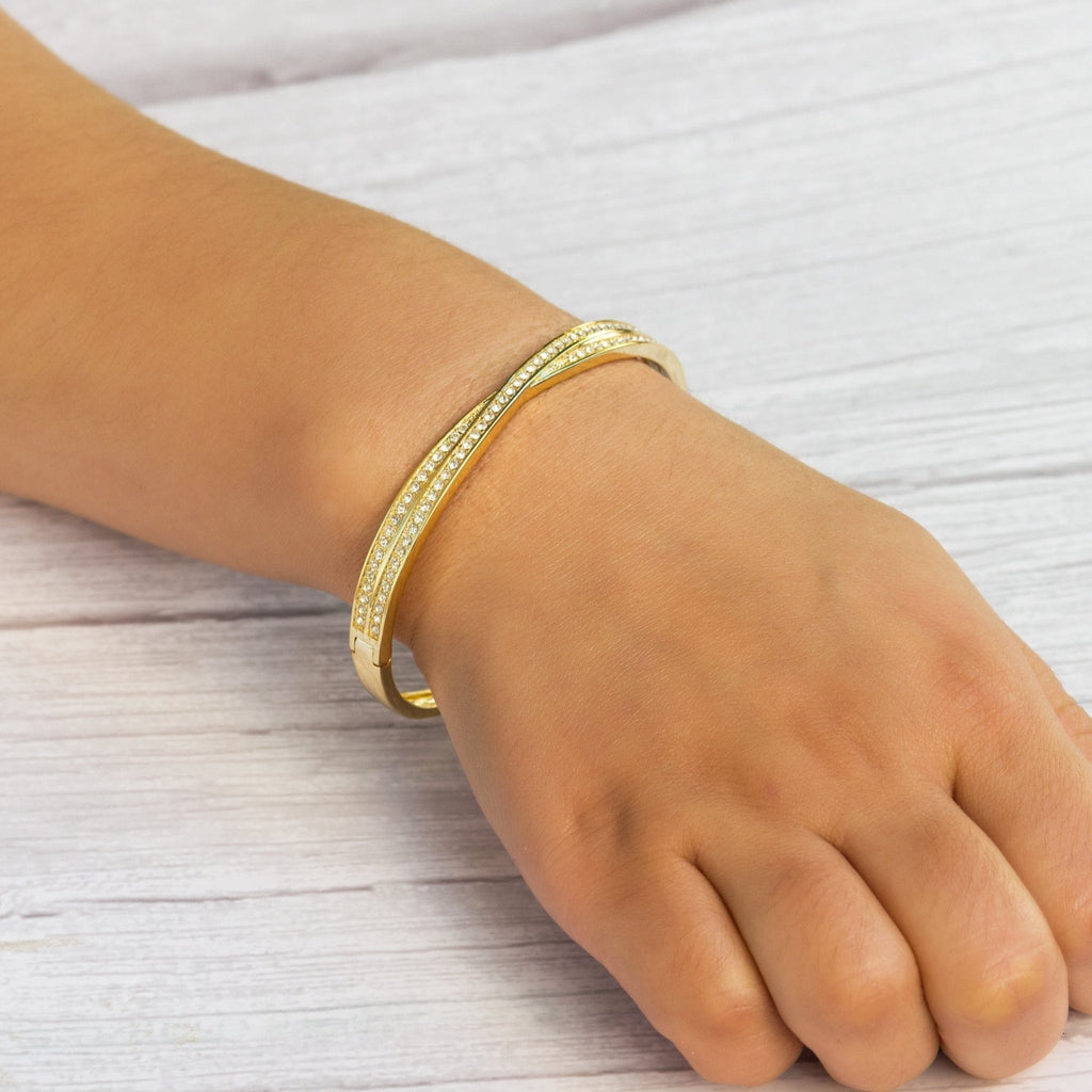 18k Gold Plated Crossover Bangle Created with Zircondia® Crystals (7 Inch)