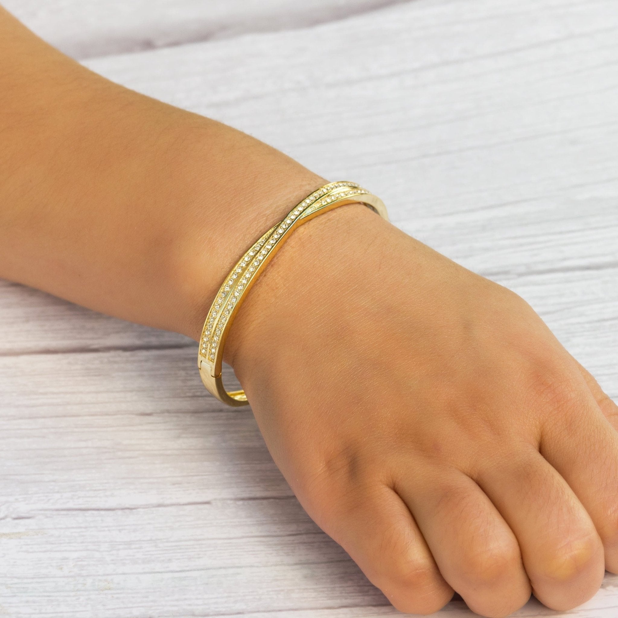 18k Gold Plated Crossover Bangle Created with Zircondia® Crystals (7 Inch)
