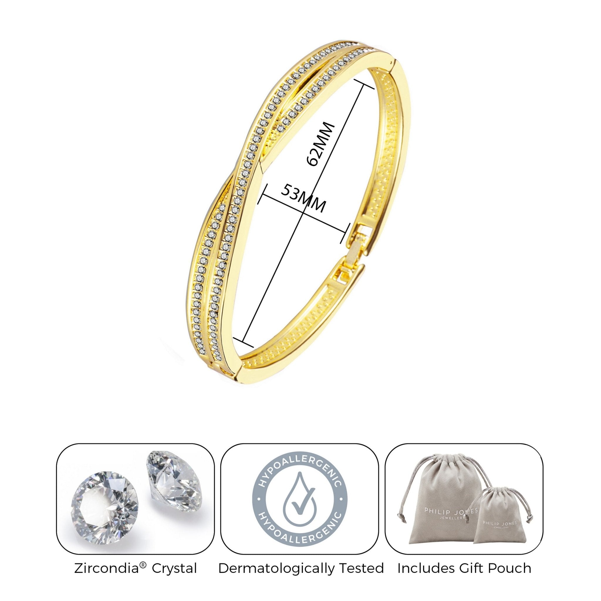 18k Gold Plated Crossover Bangle Created with Zircondia® Crystals (7 Inch)
