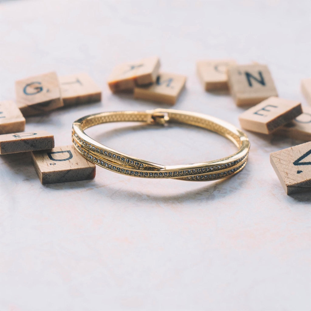 18k Gold Plated Crossover Bangle Created with Zircondia® Crystals (7 Inch)