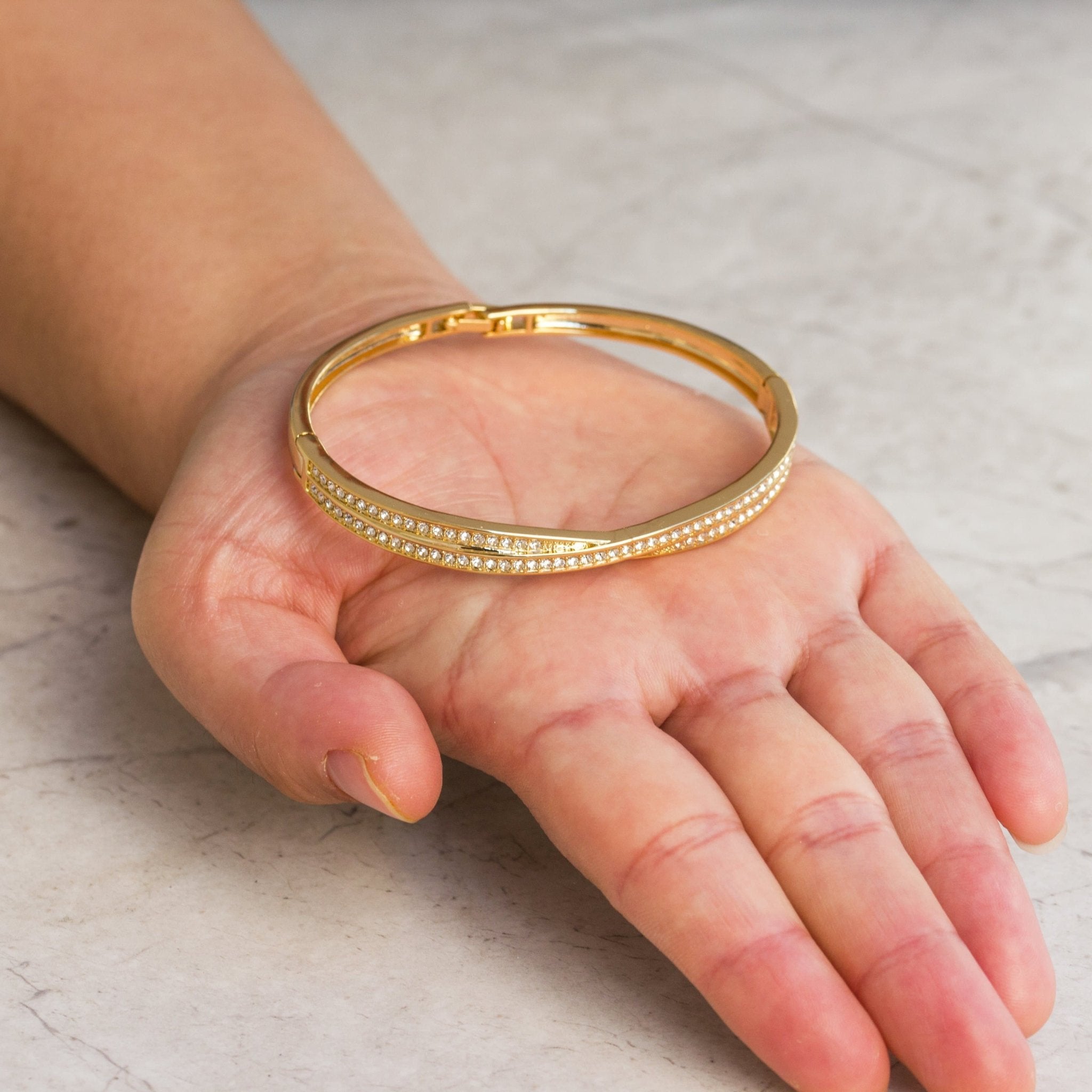 18k Gold Plated Crossover Bangle Created with Zircondia® Crystals (7 Inch)