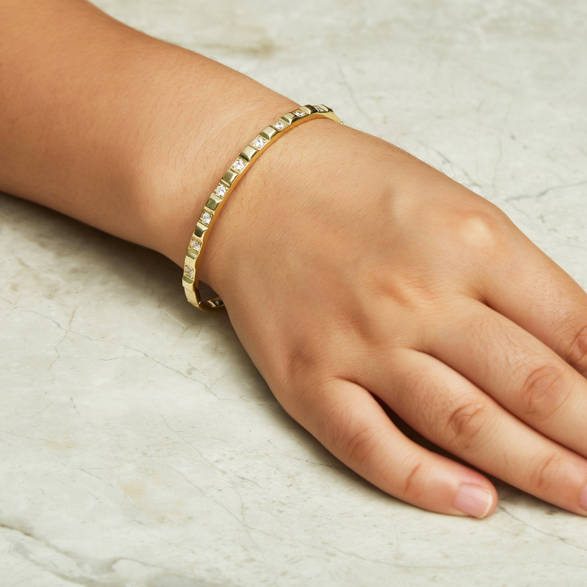 18k Gold Plated Cubic Bangle Created with Zircondia® Crystals (7 Inch)