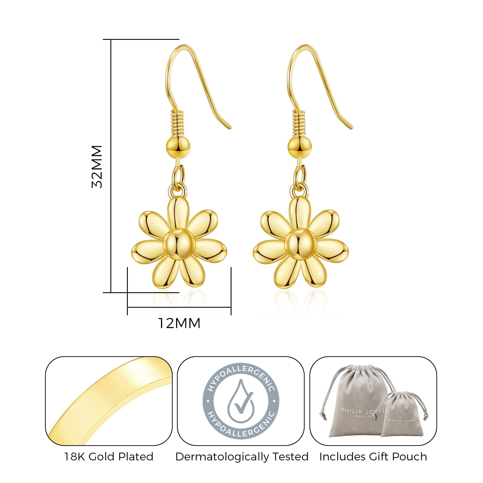 18k Gold Plated Daisy Drop Earrings