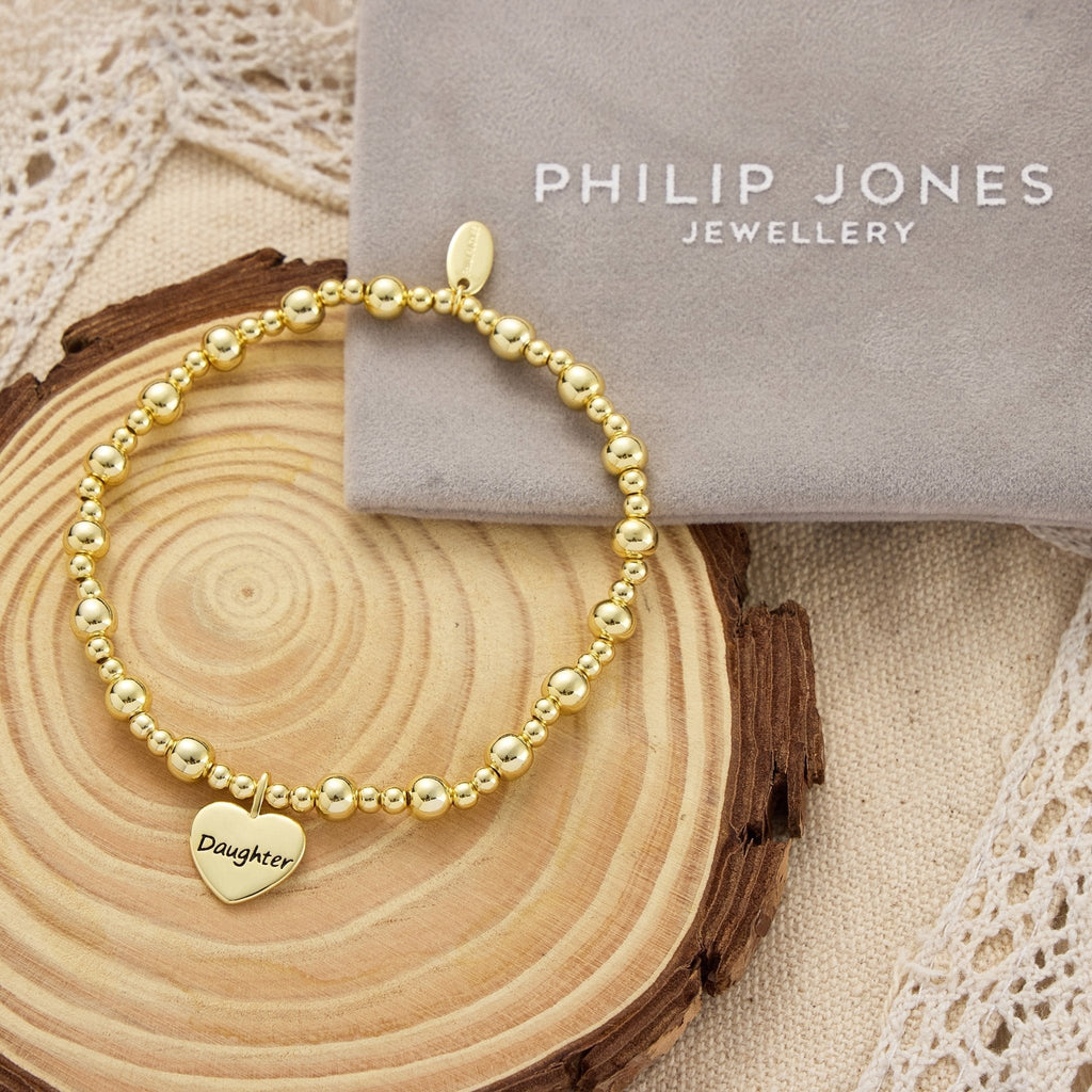 18k Gold Plated Daughter Heart Charm Beaded Stretch Bracelet