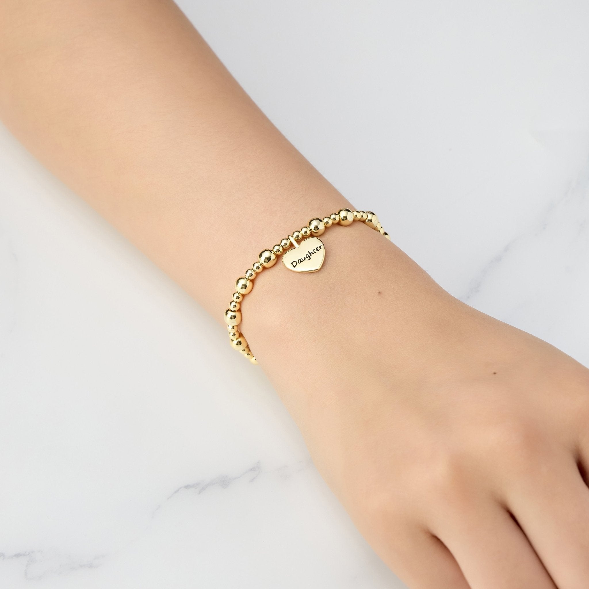 18k Gold Plated Daughter Heart Charm Beaded Stretch Bracelet