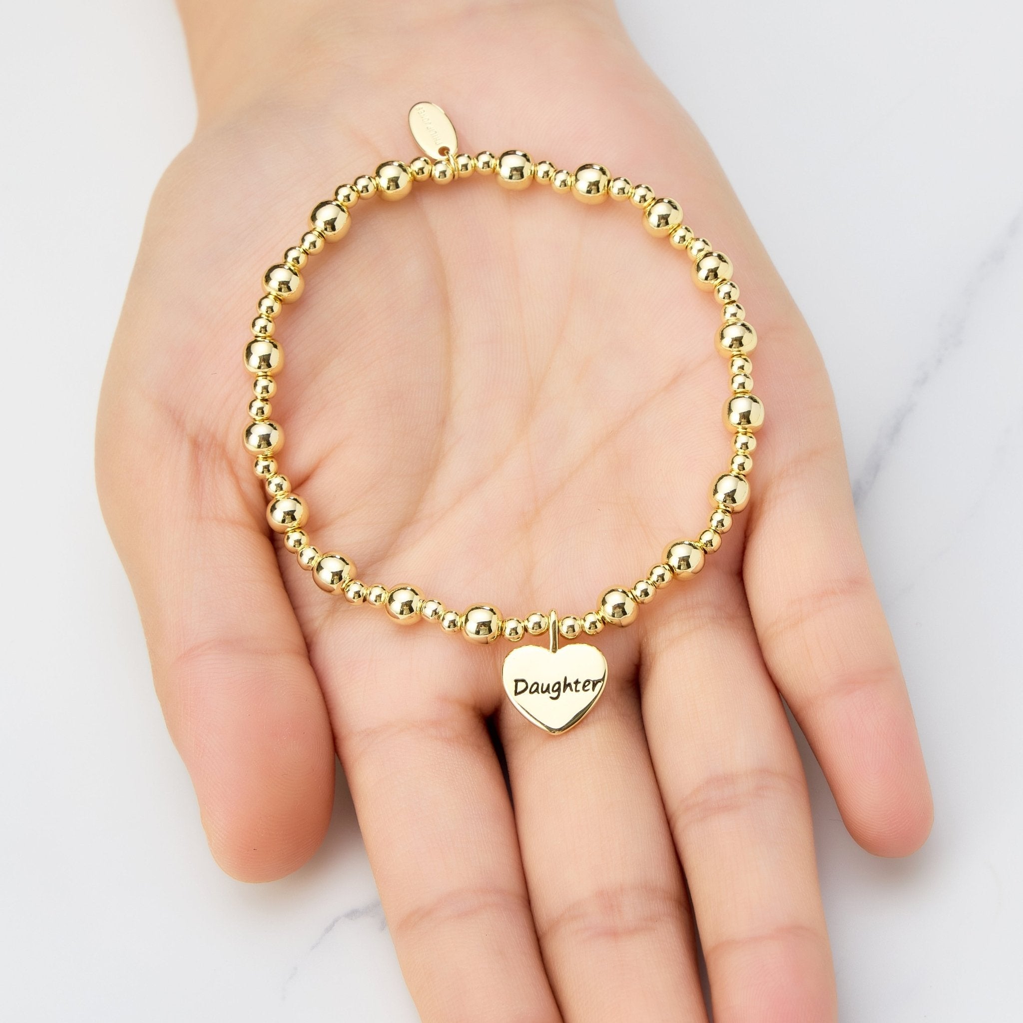 18k Gold Plated Daughter Heart Charm Beaded Stretch Bracelet