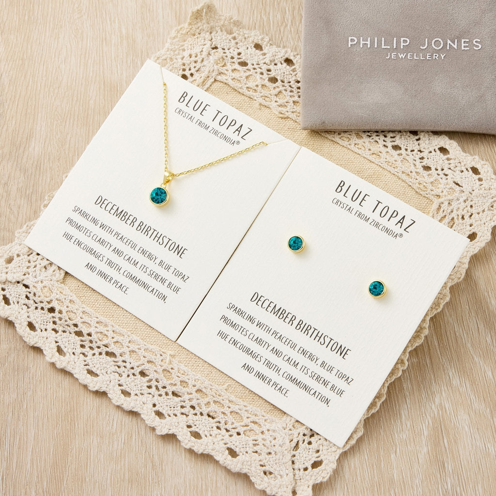 18k Gold Plated December (Blue Topaz) Birthstone Necklace & Earrings Set Created with Zircondia® Crystals