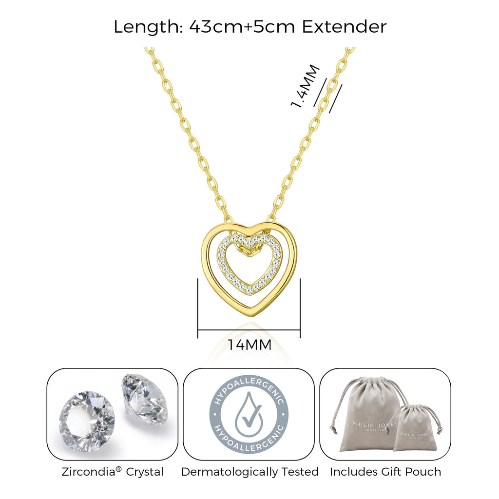 18k Gold Plated Double Heart Necklace Created with Zircondia® Crystals
