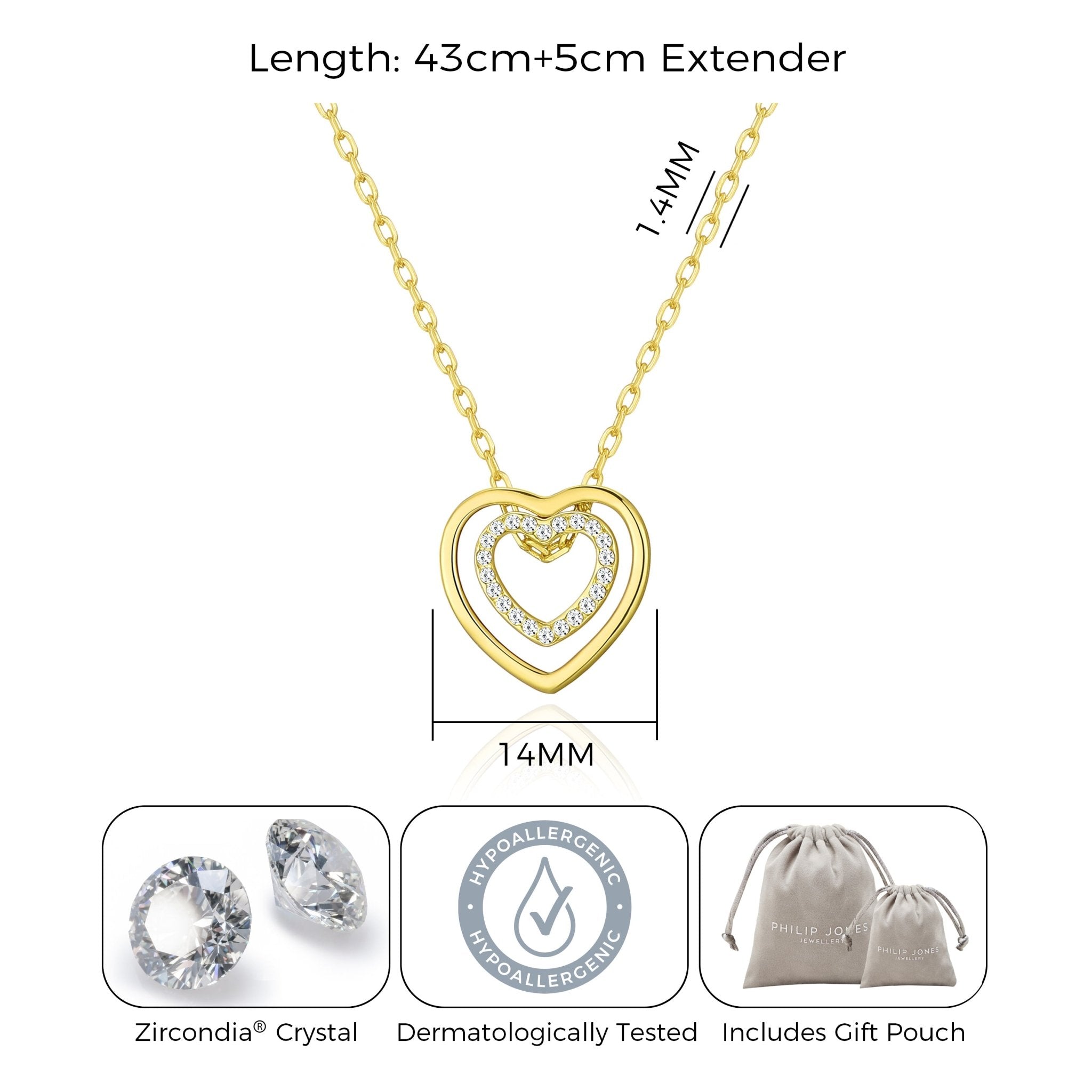 18k Gold Plated Double Heart Necklace Created with Zircondia® Crystals