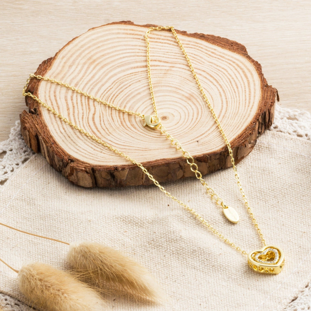 18k Gold Plated Double Heart Necklace Created with Zircondia® Crystals