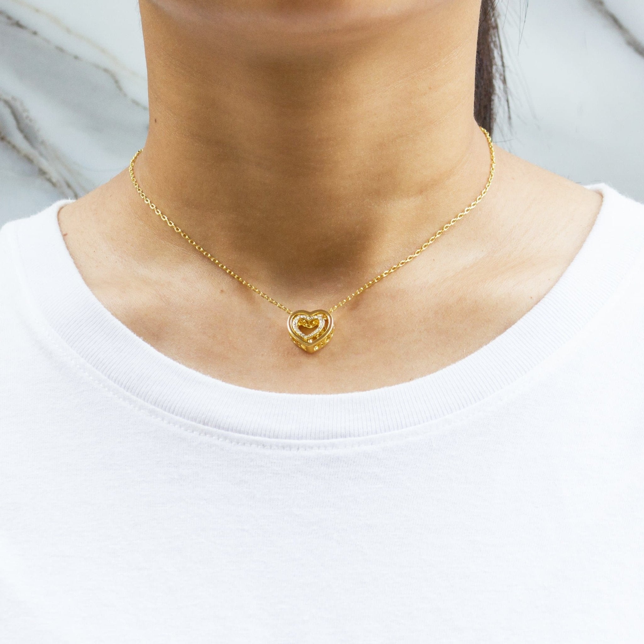 18k Gold Plated Double Heart Necklace Created with Zircondia® Crystals