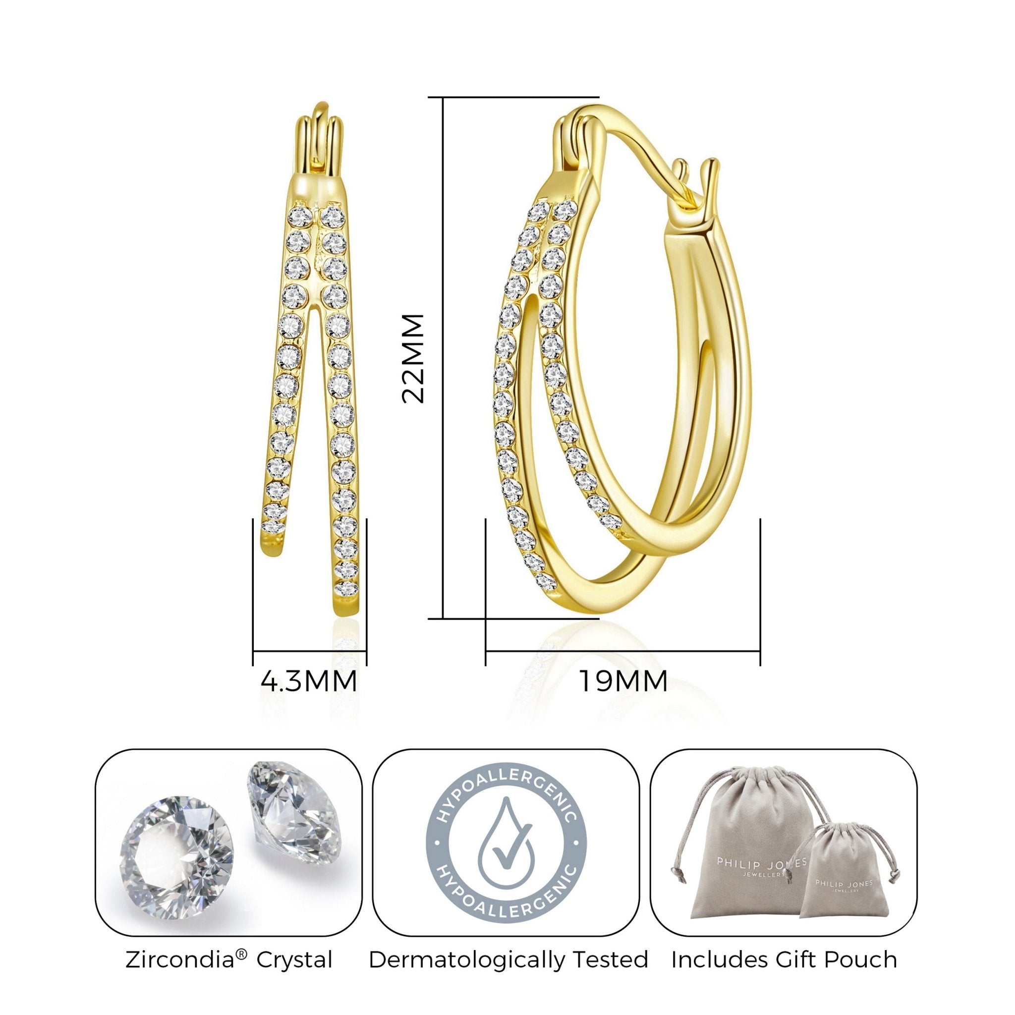 18k Gold Plated Double Hoop Earrings Created with Zircondia® Crystals