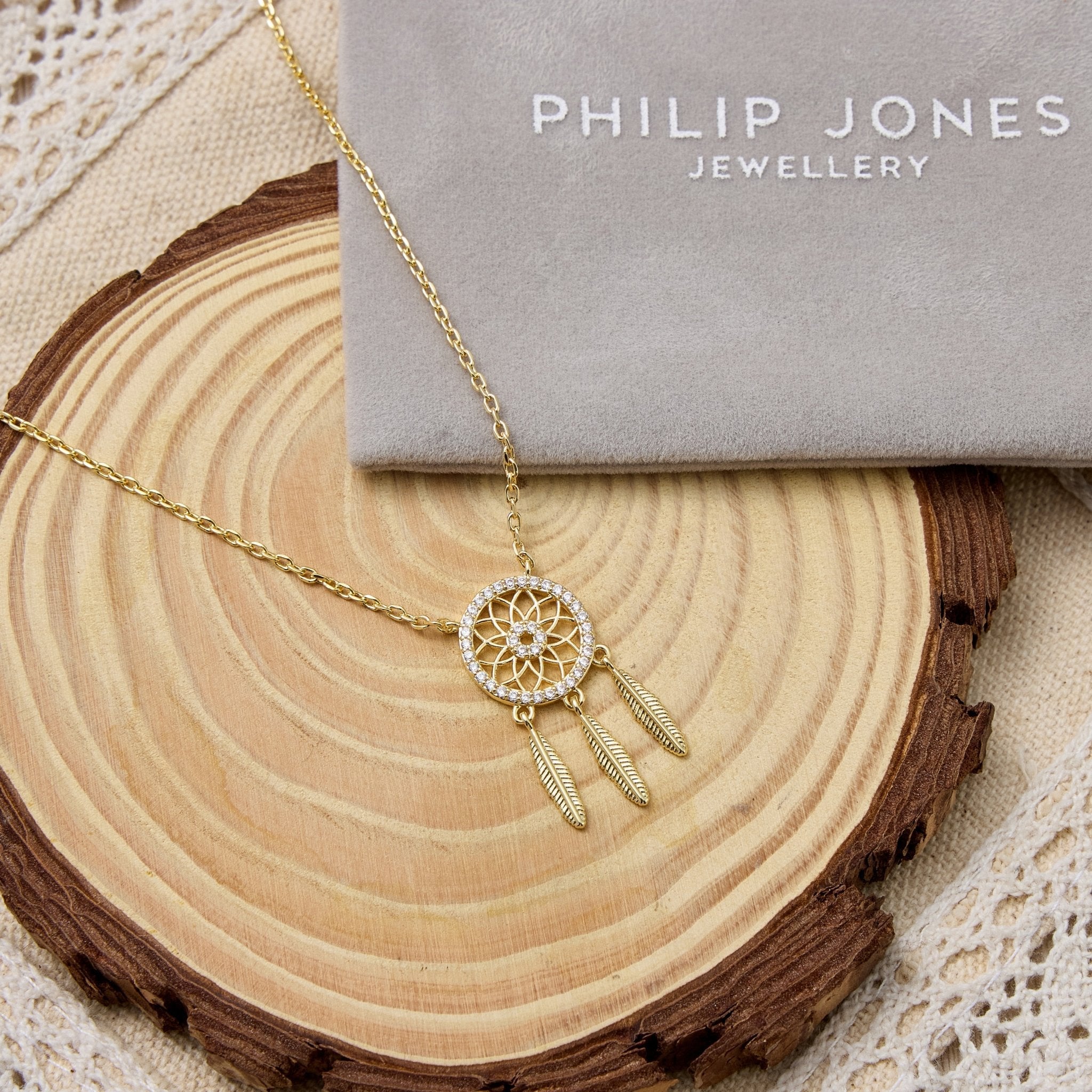 18k Gold Plated Dream Catcher Necklace Created with Zircondia® Crystals