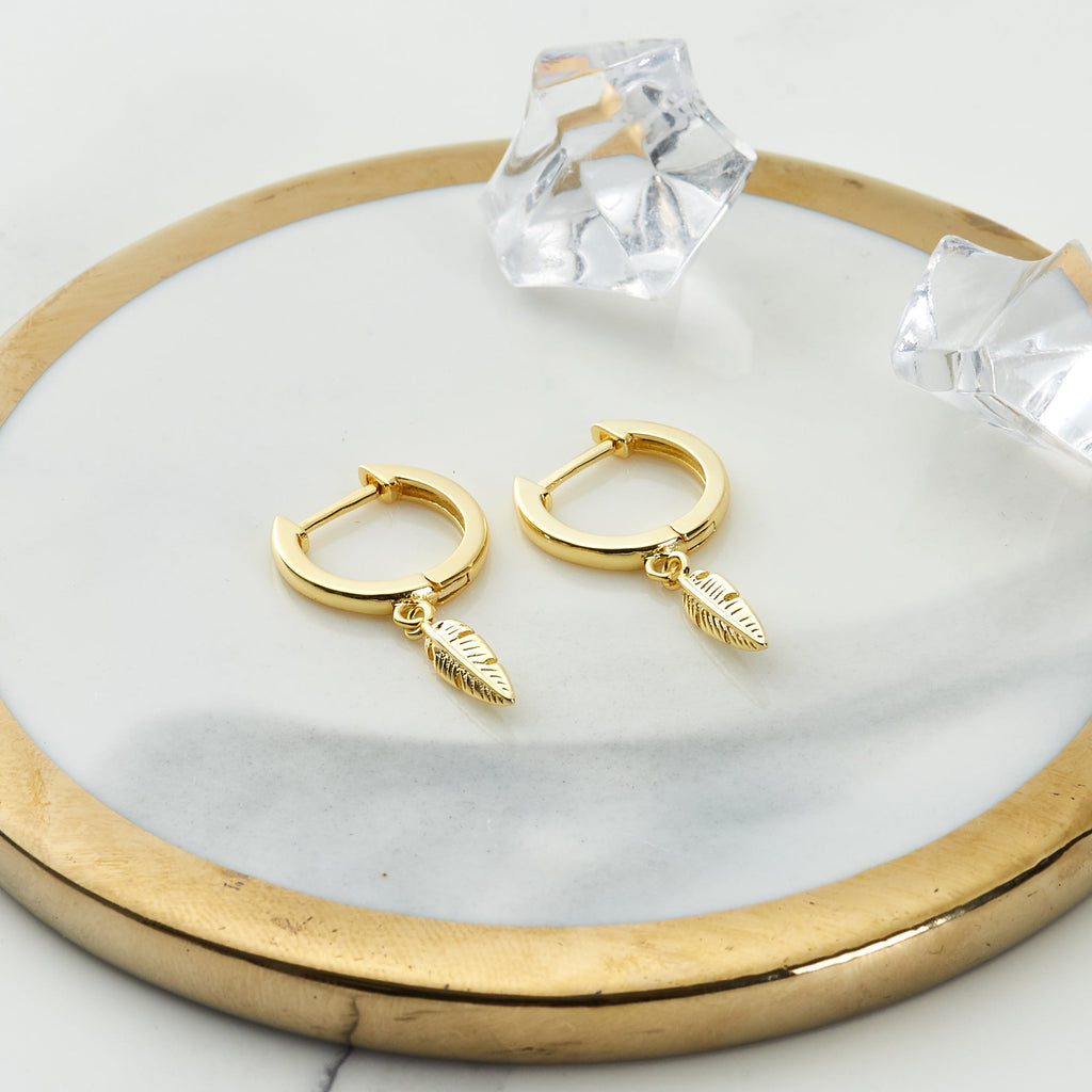 18k Gold Plated Feather Charm Hoop Earrings