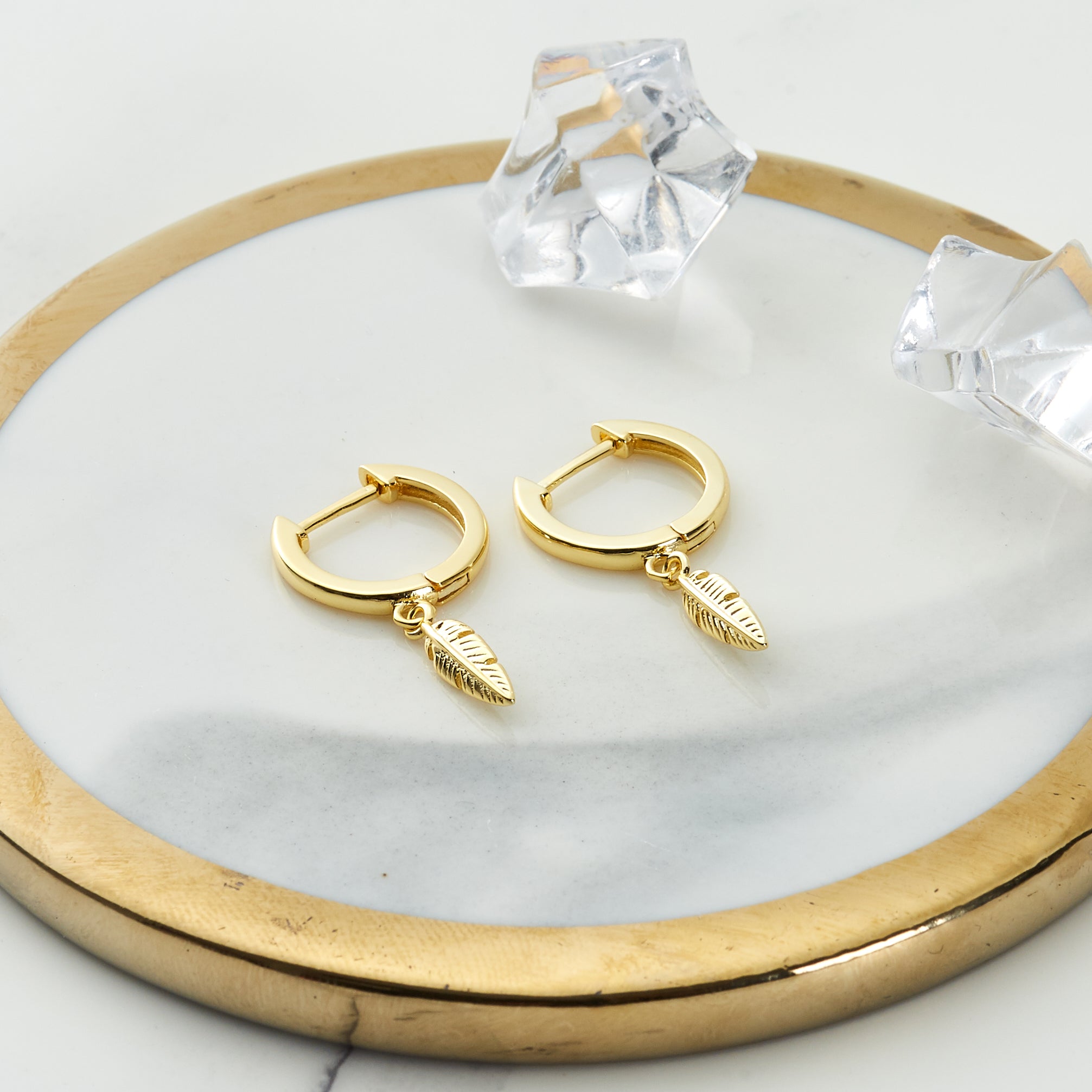 18k Gold Plated Feather Charm Hoop Earrings
