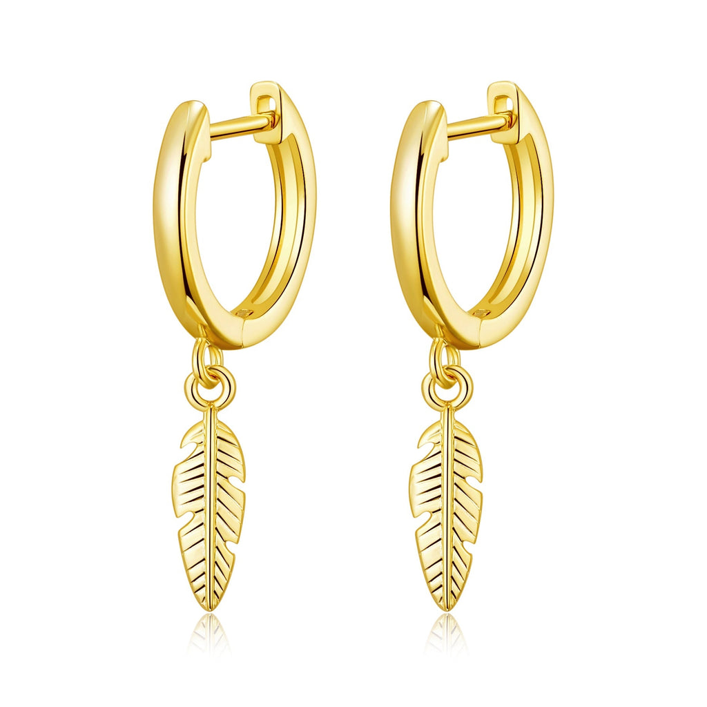 18k Gold Plated Feather Charm Hoop Earrings