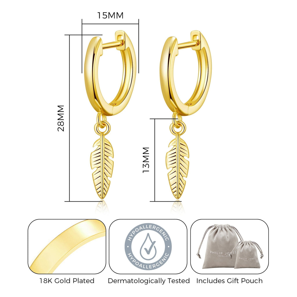 18k Gold Plated Feather Charm Hoop Earrings