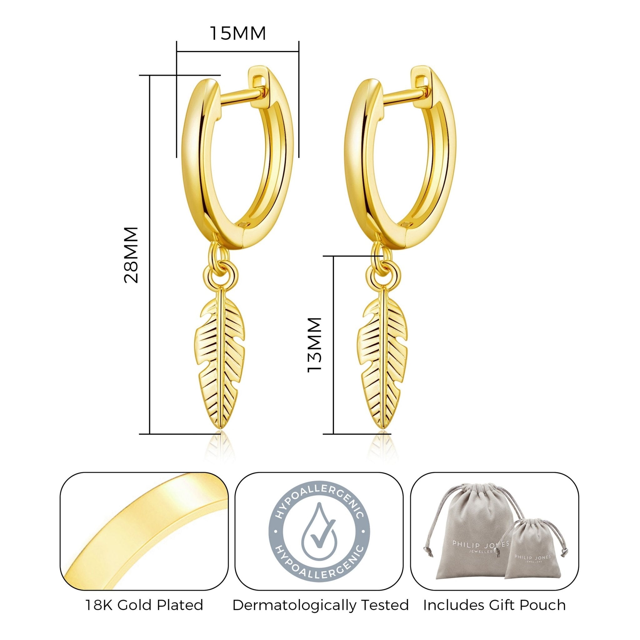 18k Gold Plated Feather Charm Hoop Earrings