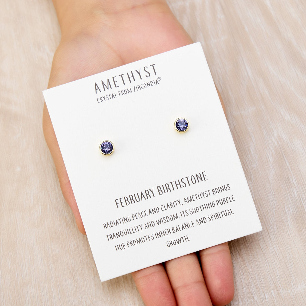 18k Gold Plated February (Amethyst) Birthstone Earrings Created with Zircondia® Crystals