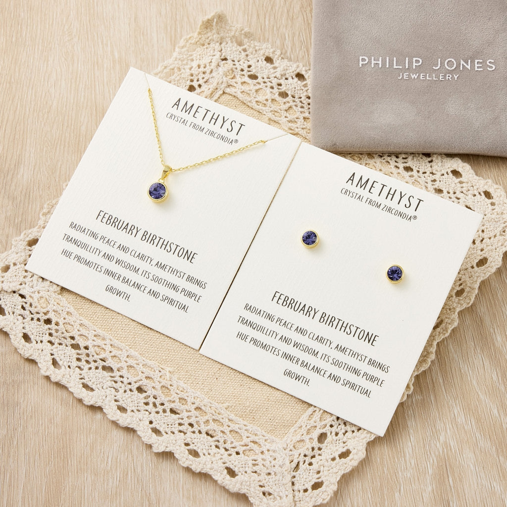 18k Gold Plated February (Amethyst) Birthstone Necklace & Earrings Set Created with Zircondia® Crystals