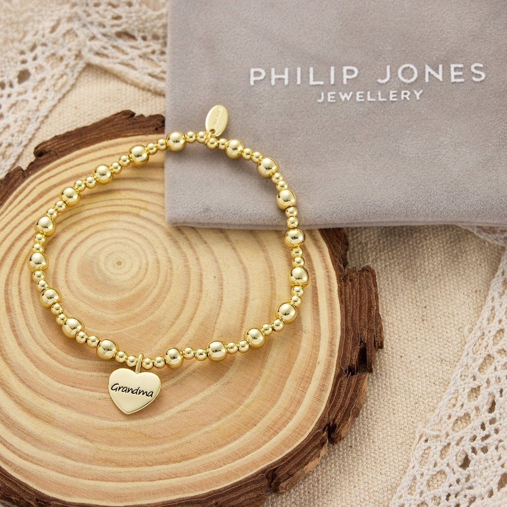 18k Gold Plated Grandma Heart Charm Beaded Stretch Bracelet