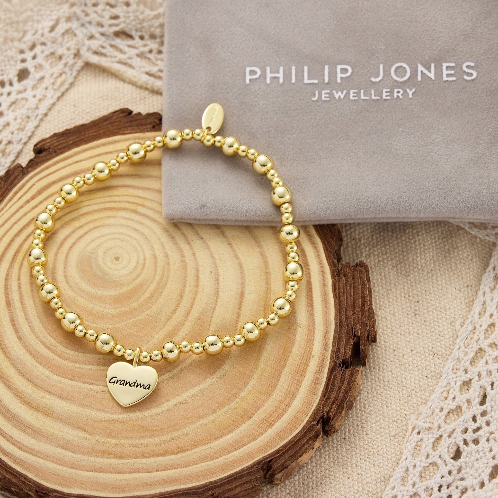 18k Gold Plated Grandma Heart Charm Beaded Stretch Bracelet
