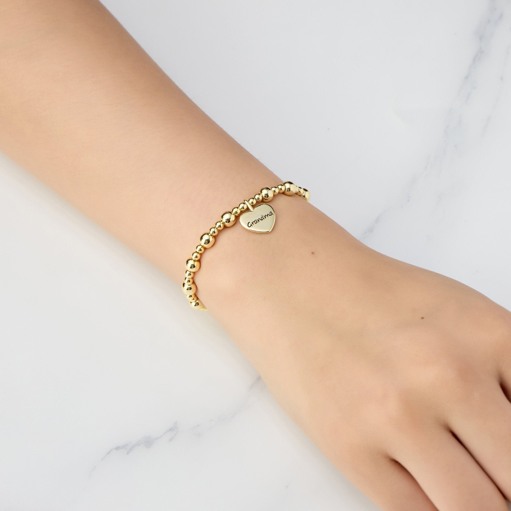 18k Gold Plated Grandma Heart Charm Beaded Stretch Bracelet