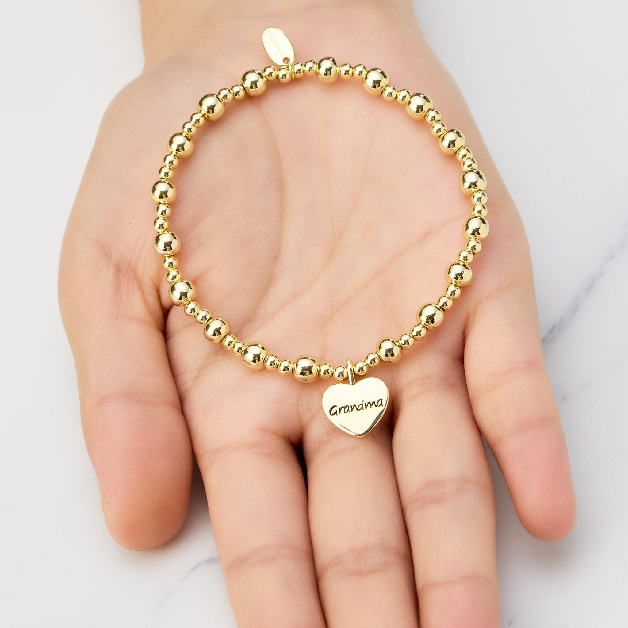 18k Gold Plated Grandma Heart Charm Beaded Stretch Bracelet