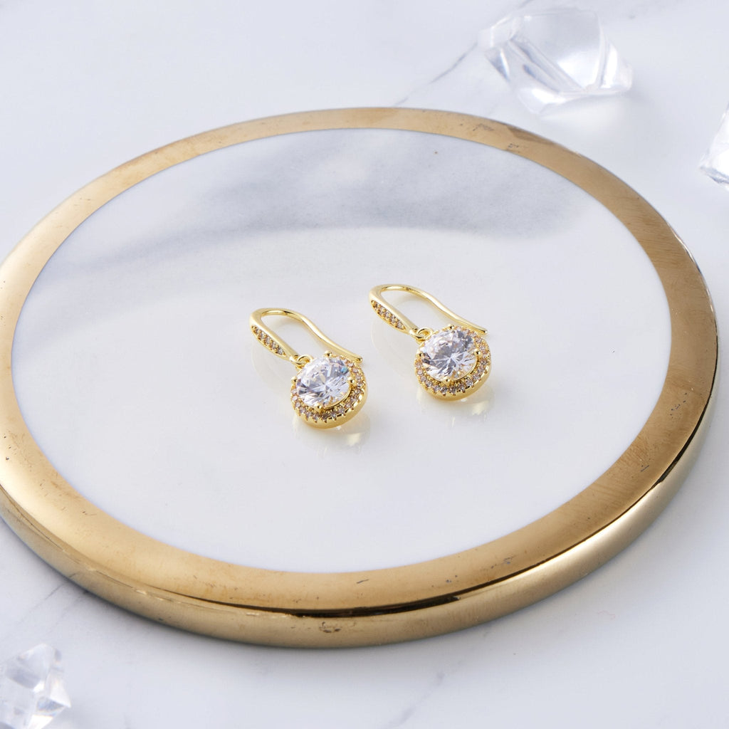 18k Gold Plated Halo Drop Earrings Created with Zircondia® Crystals