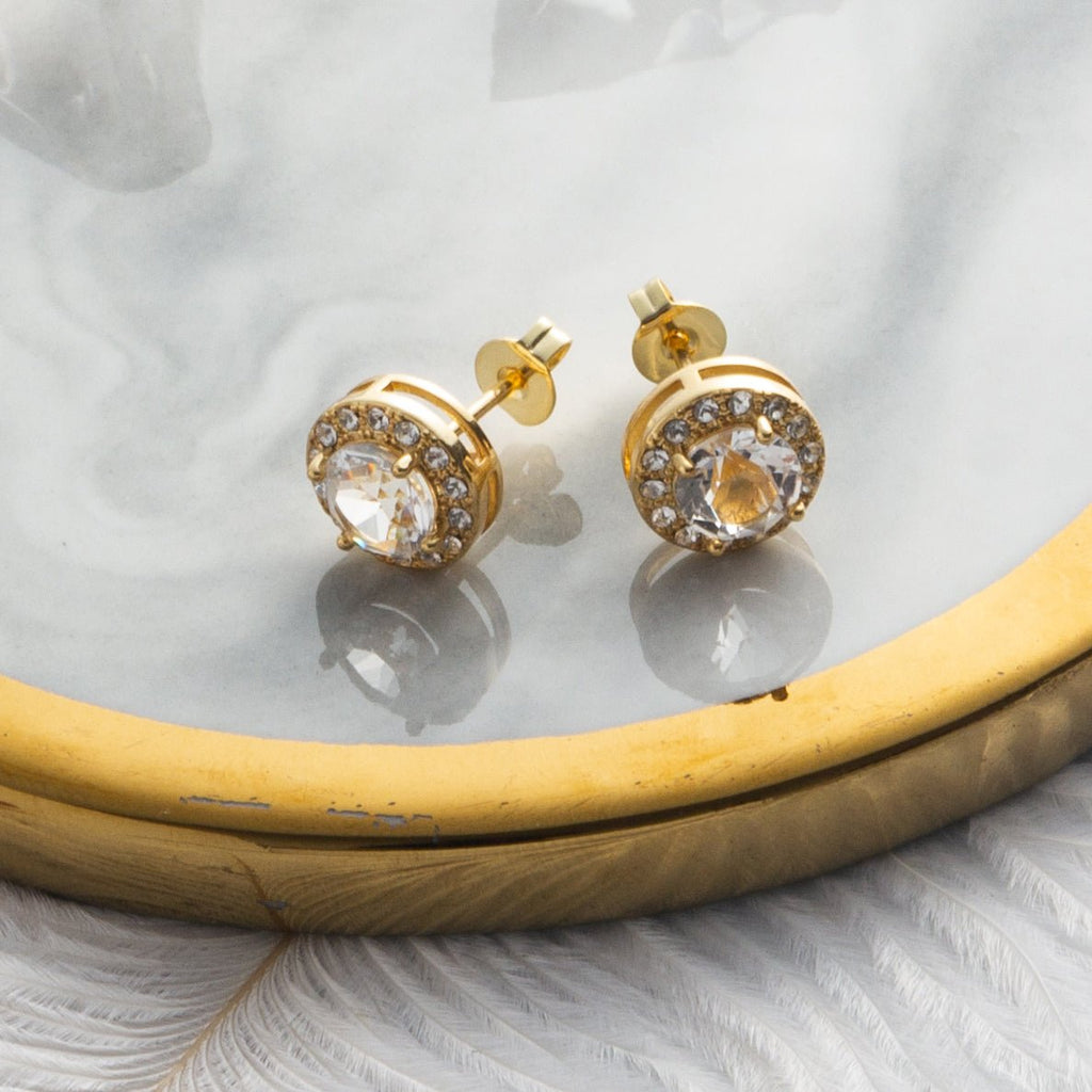 18k Gold Plated Halo Earrings Created with Zircondia® Crystals