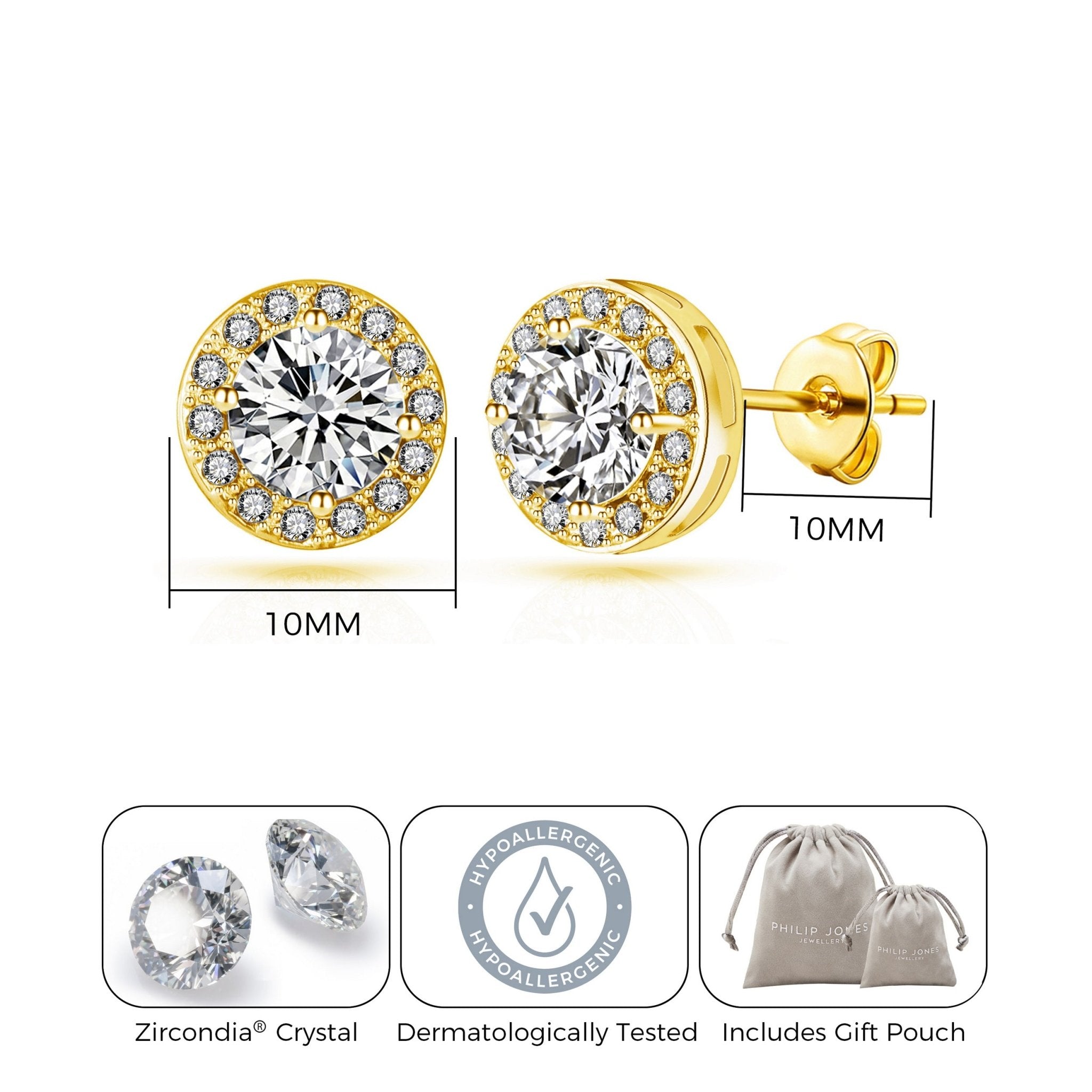 18k Gold Plated Halo Earrings Created with Zircondia® Crystals