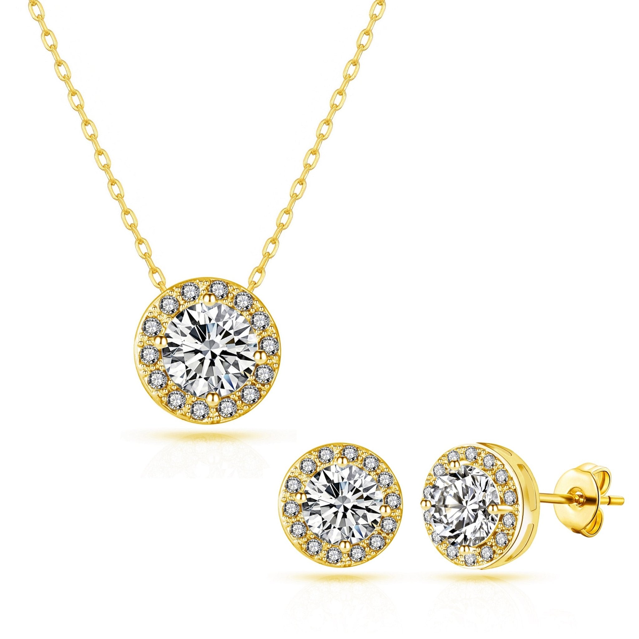 18k Gold Plated Halo Set Created with Zircondia® Crystals