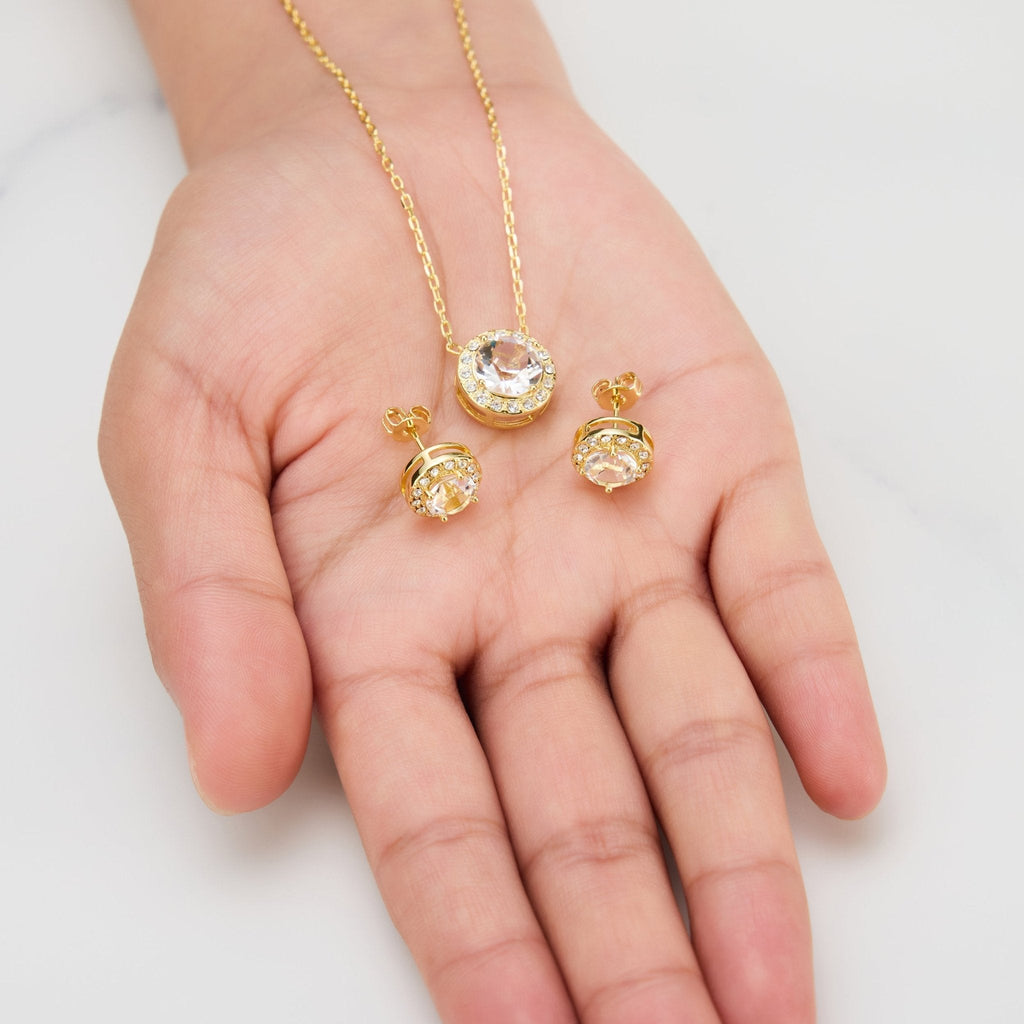 18k Gold Plated Halo Set Created with Zircondia® Crystals