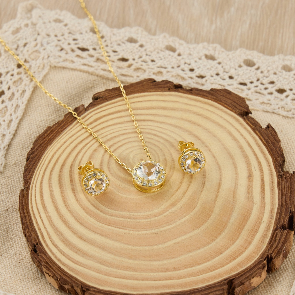 18k Gold Plated Halo Set Created with Zircondia® Crystals