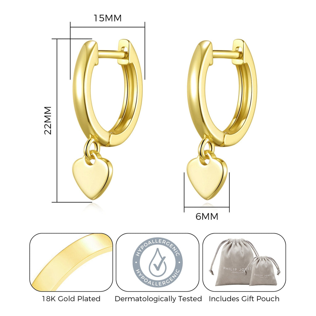 18k Gold Plated Heart Charm Hoop Earrings