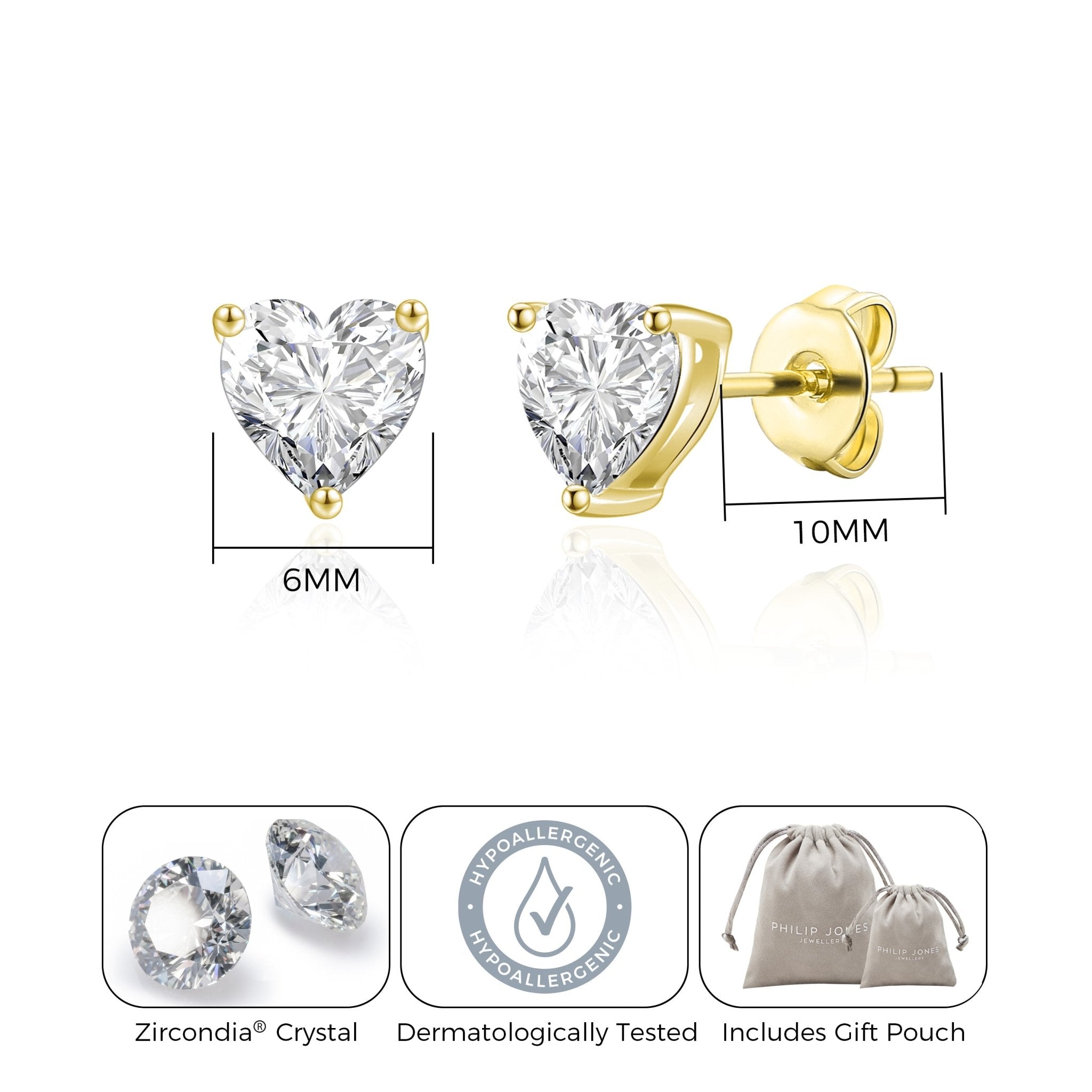 18k Gold Plated Heart Earrings Created with Zircondia® Crystals