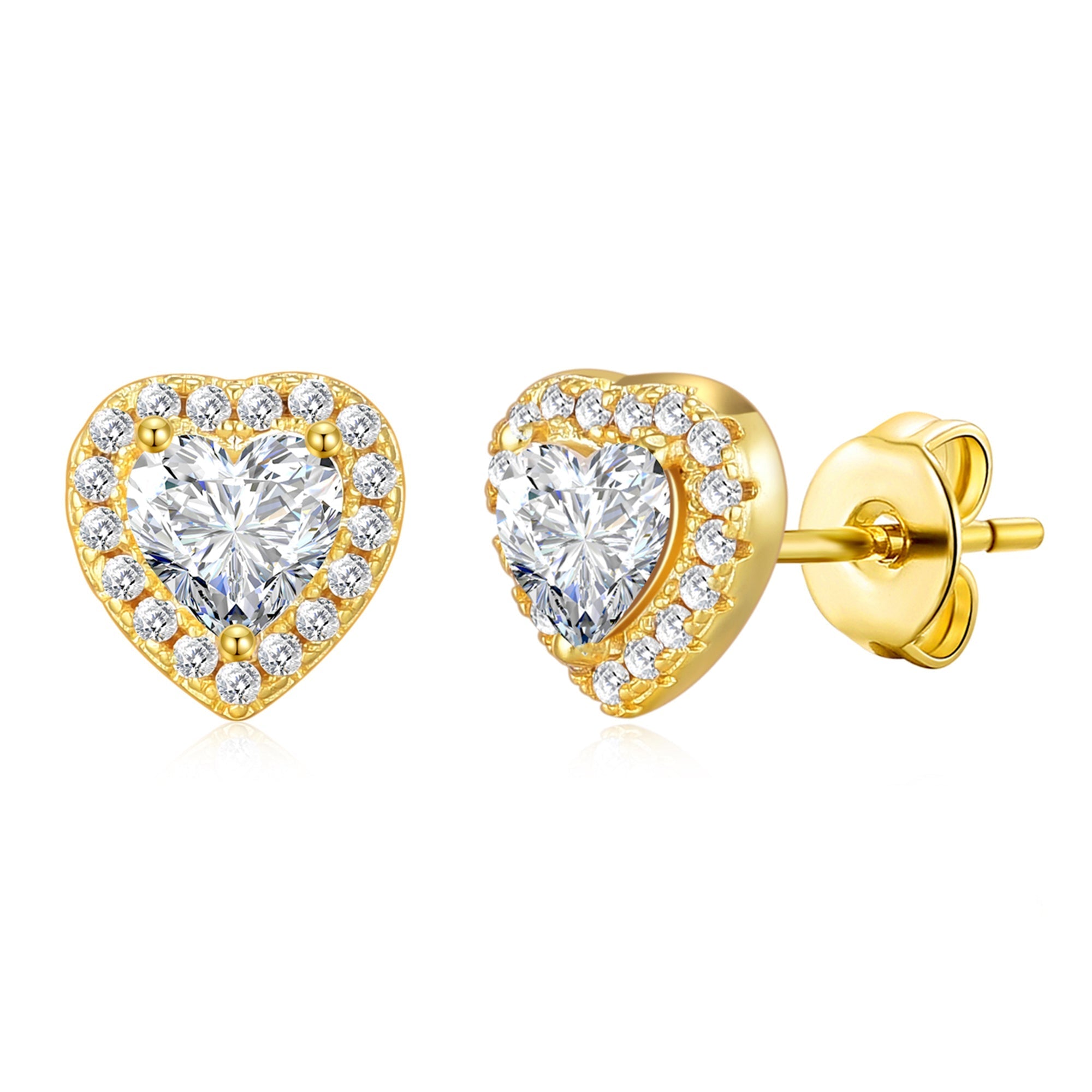 18k Gold Plated Heart Halo Earrings Created with Zircondia® Crystals