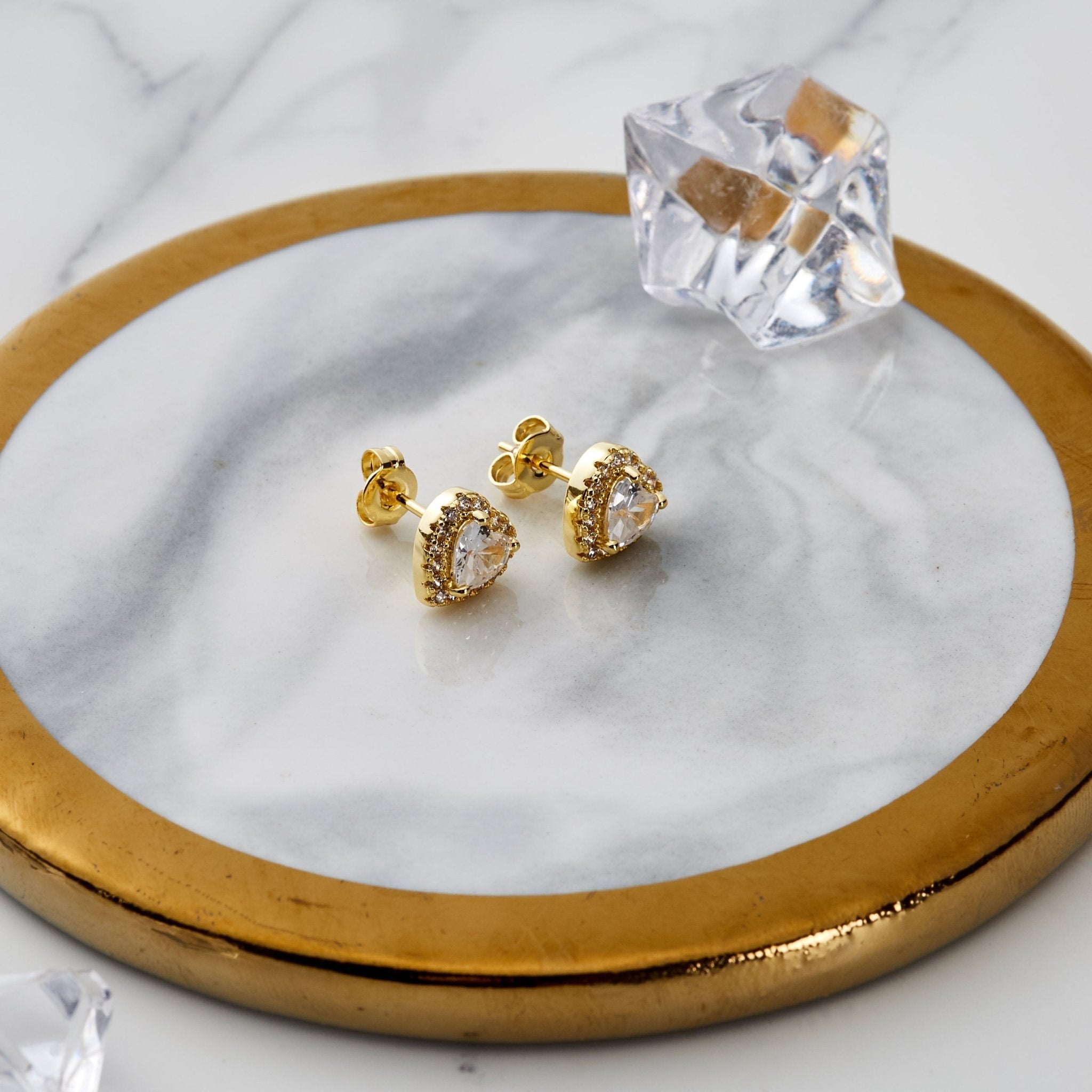 18k Gold Plated Heart Halo Earrings Created with Zircondia® Crystals
