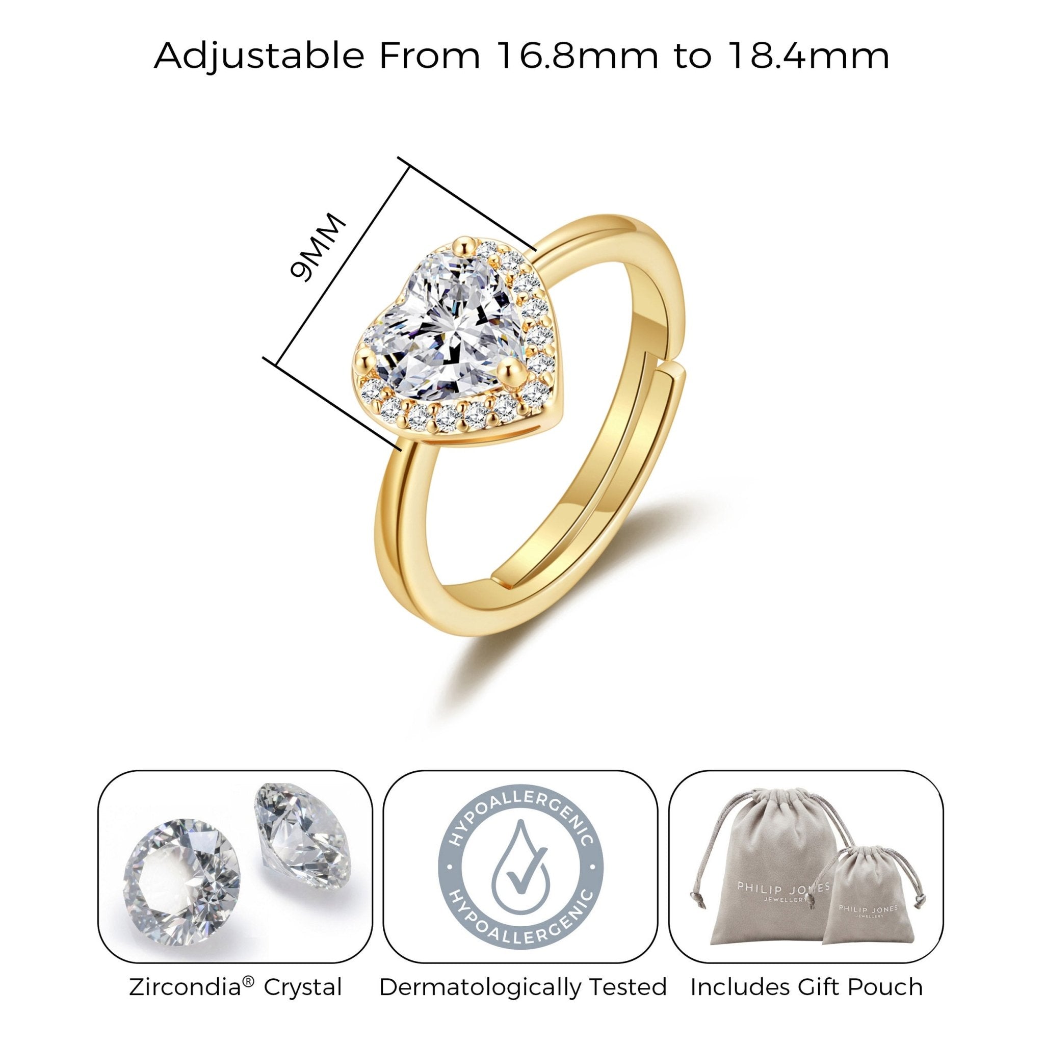 18k Gold Plated Heart Halo Adjustable Ring Created with Zircondia® Crystals
