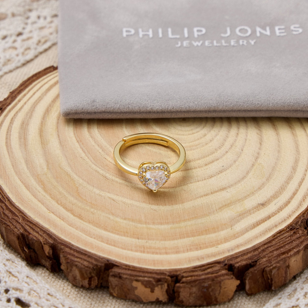 18k Gold Plated Heart Halo Adjustable Ring Created with Zircondia® Crystals